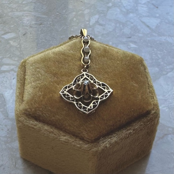 Antique Victorian Lavalier Diamond Pearl Pendant Necklace - Picture 6 of 7